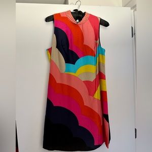 Trina Turk Multicolor “Cloud” Print Dress with Beaded High Neck